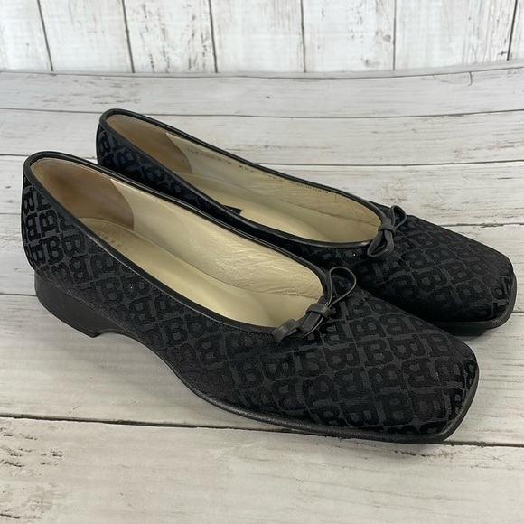 Bally Takawa Black Fabric Logo Pattern Bow Square Toe Flat - Picture 1 of 14